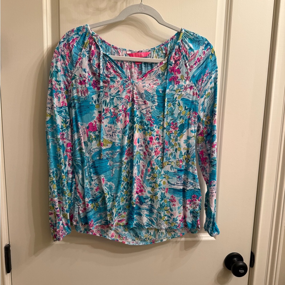 Floral Scoop Neck Long-Sleeve Top in Aqua and Pink